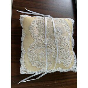 Vtg 1970's Handmade Wedding Ring Pillow Fine Lace Mini Pearl Beads Linen